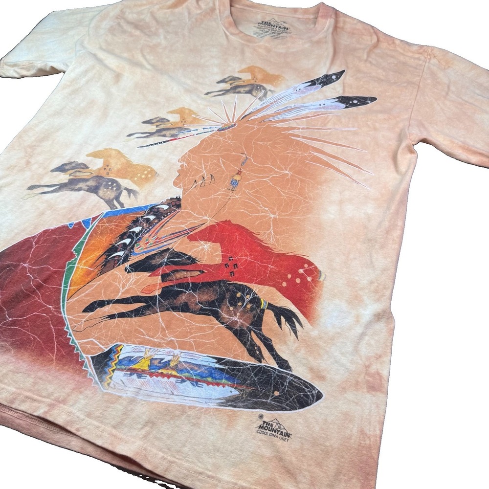 The Mountain T-Shirt Men XL Orange Tie Dye Native American Chief Horses Y2K 2001